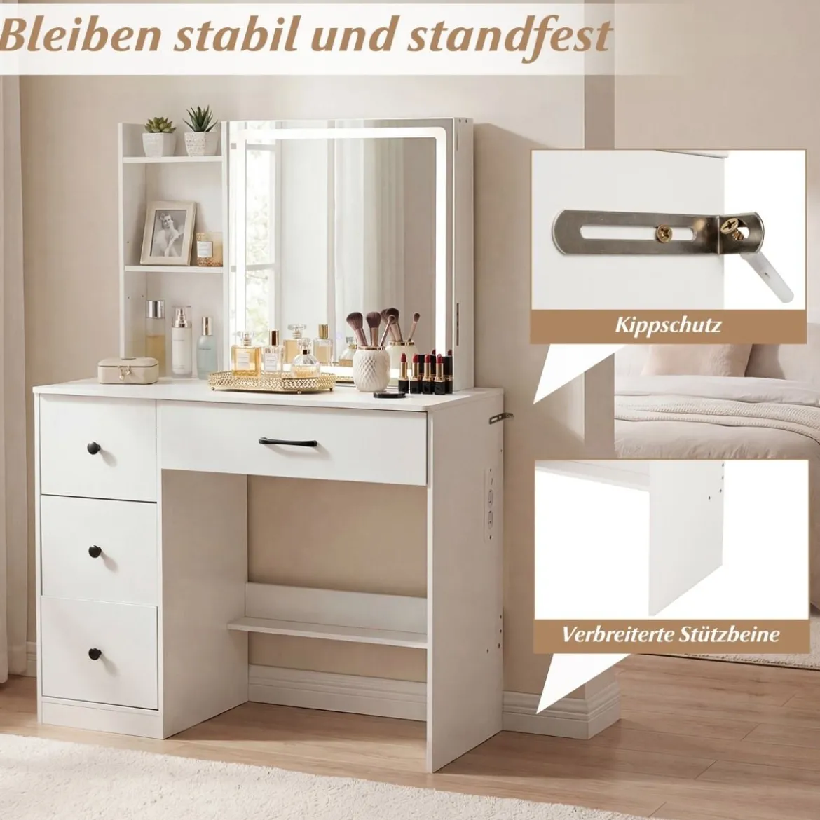 Schminktisch mit LED Schiebespiegel & Hocker & Schubladen & Steckdosen Kosmetiktisch Weiß