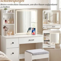 Schminktisch mit LED Schiebespiegel & Hocker & Schubladen & Steckdosen Kosmetiktisch Weiß