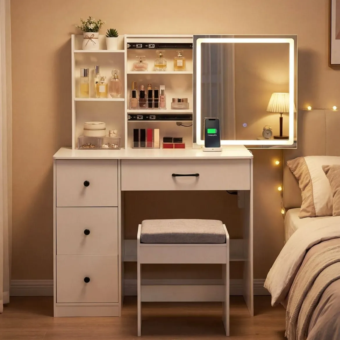 Schminktisch mit LED Schiebespiegel & Hocker & Schubladen & Steckdosen Kosmetiktisch Weiß