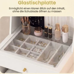 Schminktisch mit LED Spiegel & Hocker & Steckdosen & Schubladen & 120 Ringhalterungen Kosmetiktisch