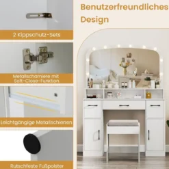 Schminktisch mit Schminkhocker & 3 Lichtfarben LED-Spiegel & Ladestation Frisiertisch Weiß