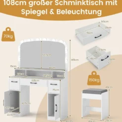 Schminktisch mit Schminkhocker & 3 Lichtfarben LED-Spiegel & Ladestation Frisiertisch Weiß