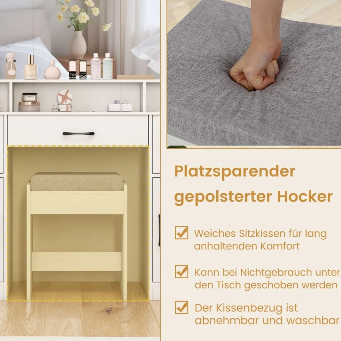 Schminktisch mit Schminkhocker & 3 Lichtfarben LED-Spiegel & Ladestation Frisiertisch Weiß
