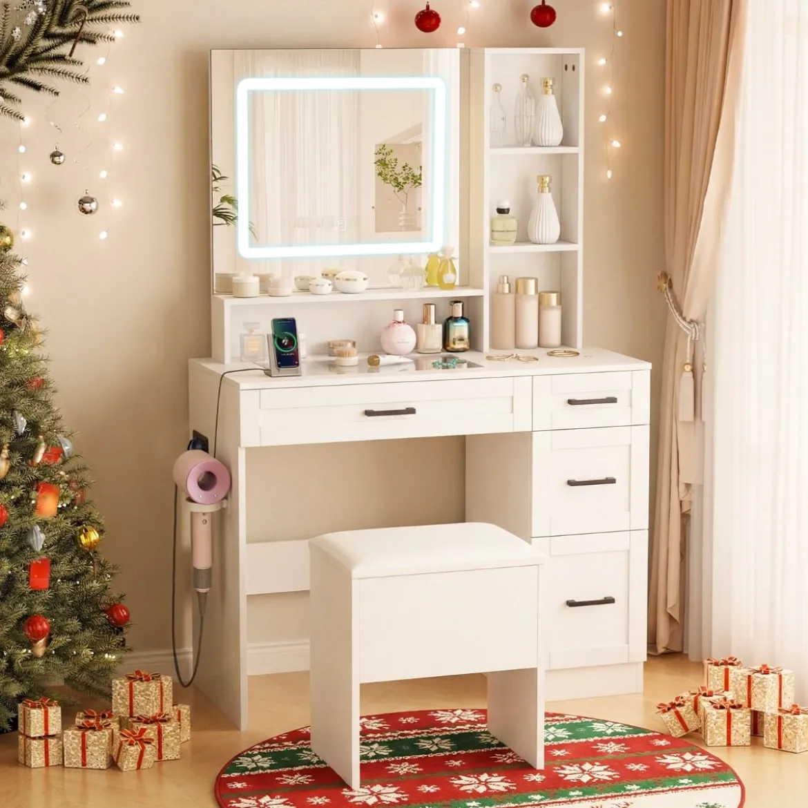 Schminktisch mit Spiegel & Beleuchtung Make-up Tisch Set mit Sitzhocker Steckdosen Weiß