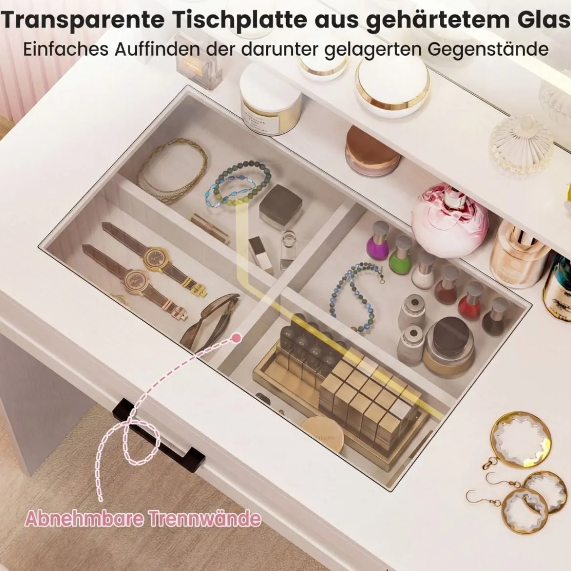Schminktisch mit Spiegel & Beleuchtung Make-up Tisch Set mit Sitzhocker Steckdosen Weiß