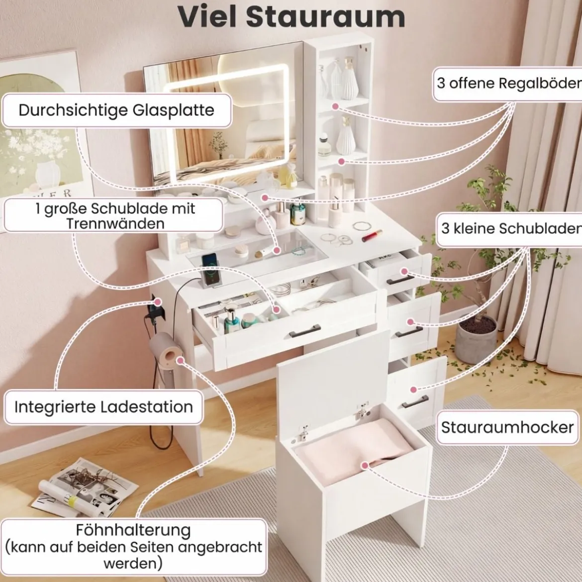 Schminktisch mit Spiegel & Beleuchtung Make-up Tisch Set mit Sitzhocker Steckdosen Weiß