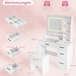 Schminktisch mit Spiegel & Beleuchtung Make-up Tisch Set mit Sitzhocker Steckdosen Weiß