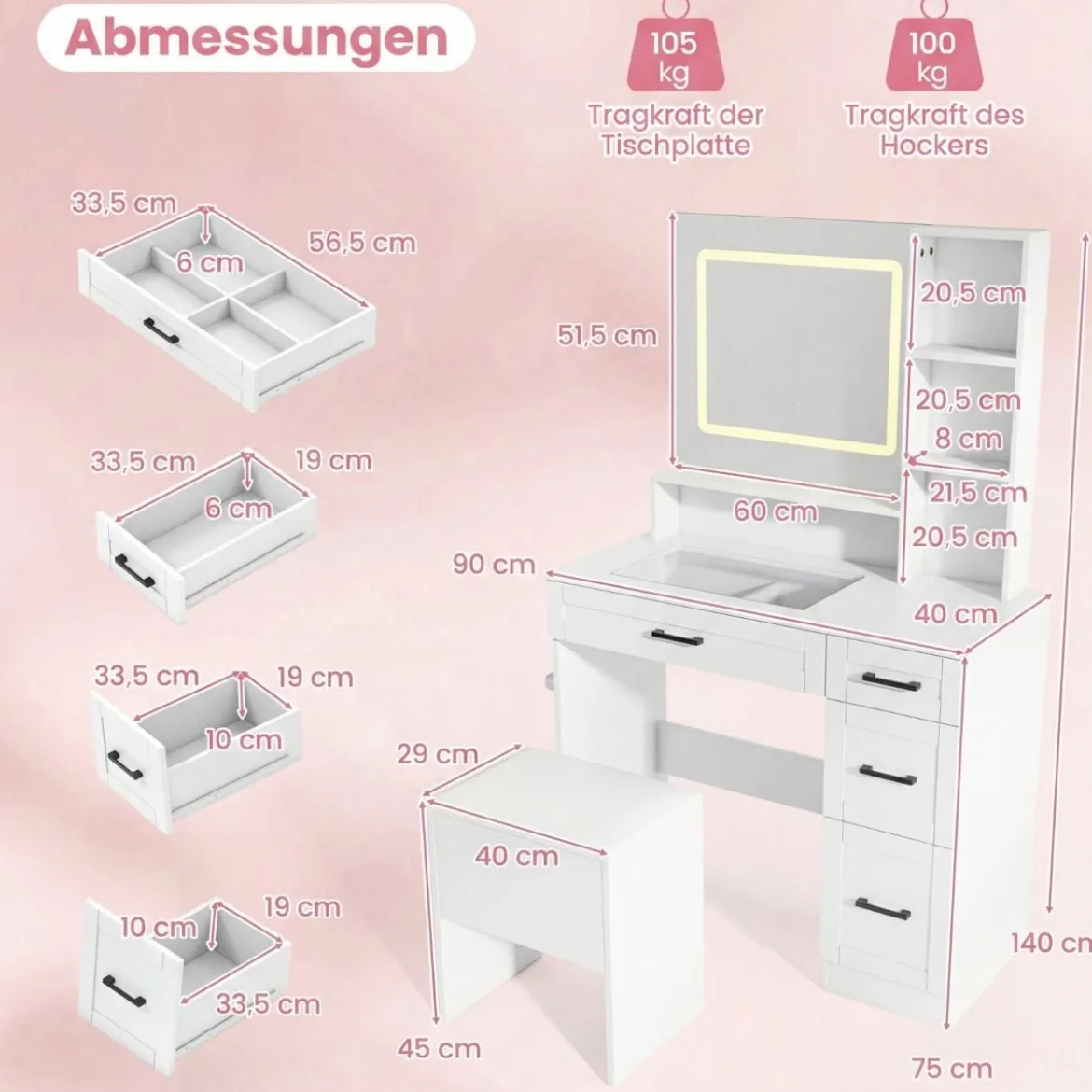 Schminktisch mit Spiegel & Beleuchtung Make-up Tisch Set mit Sitzhocker Steckdosen Weiß