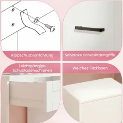 Schminktisch mit Spiegel & Beleuchtung Make-up Tisch Set mit Sitzhocker Steckdosen Weiß