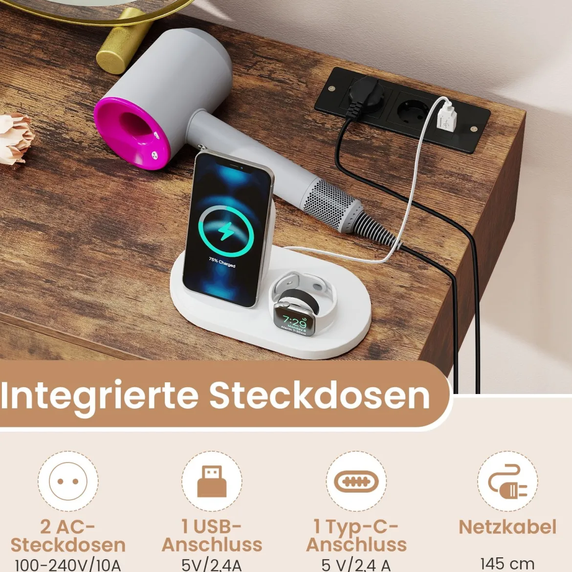 Schminktisch mit Spiegel & Beleuchtung & Ladestation & Hocker Frisiertisch Kosmetiktisch Rustikales Braun