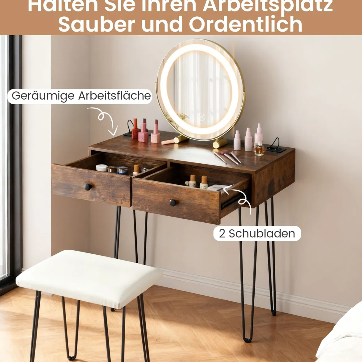 Schminktisch mit Spiegel & Beleuchtung & Ladestation & Hocker Frisiertisch Kosmetiktisch Rustikales Braun