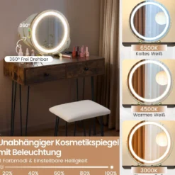 Schminktisch mit Spiegel & Beleuchtung & Ladestation & Hocker Frisiertisch Kosmetiktisch Rustikales Braun