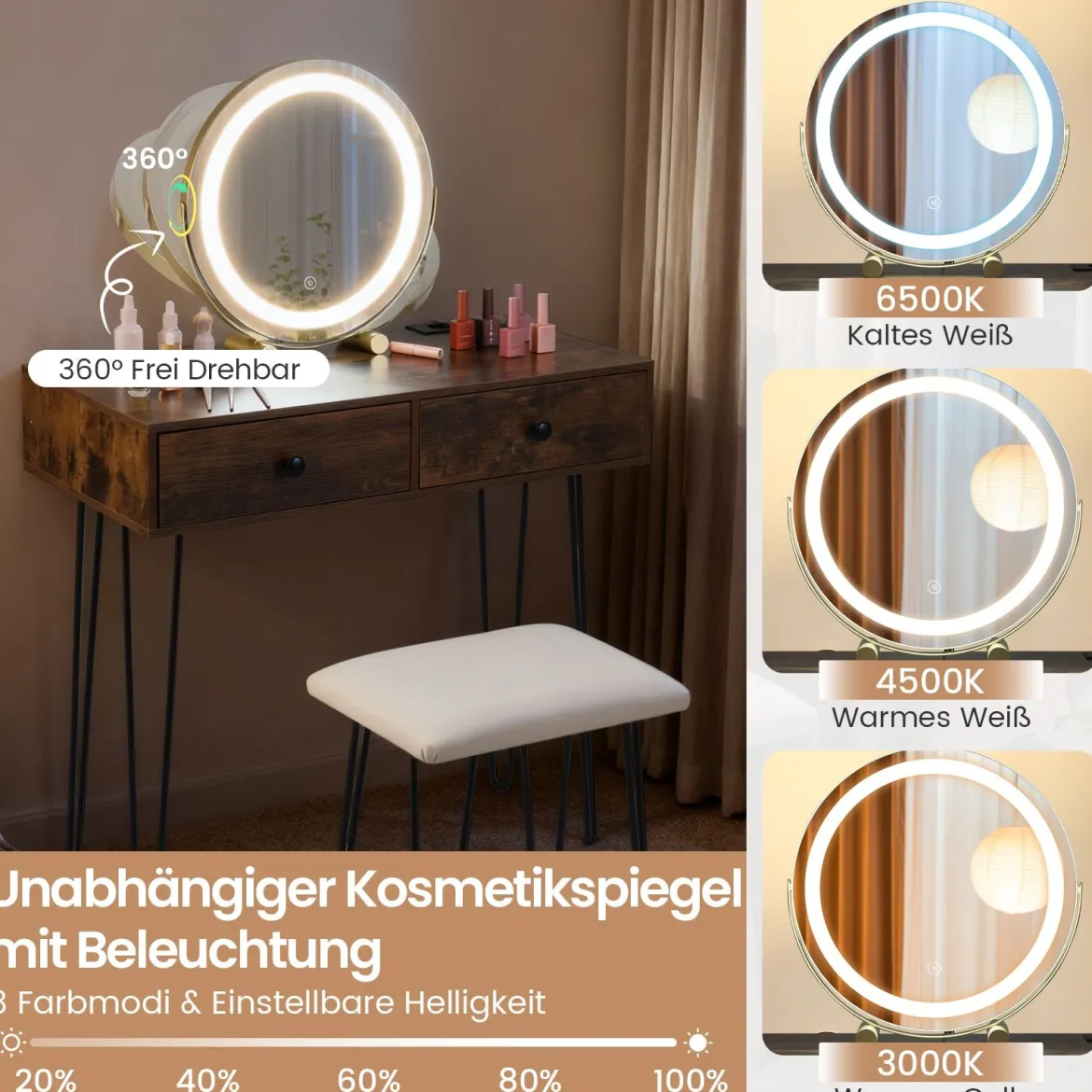Schminktisch mit Spiegel & Beleuchtung & Ladestation & Hocker Frisiertisch Kosmetiktisch Rustikales Braun