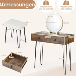 Schminktisch mit Spiegel & Beleuchtung & Ladestation & Hocker Frisiertisch Kosmetiktisch Rustikales Braun