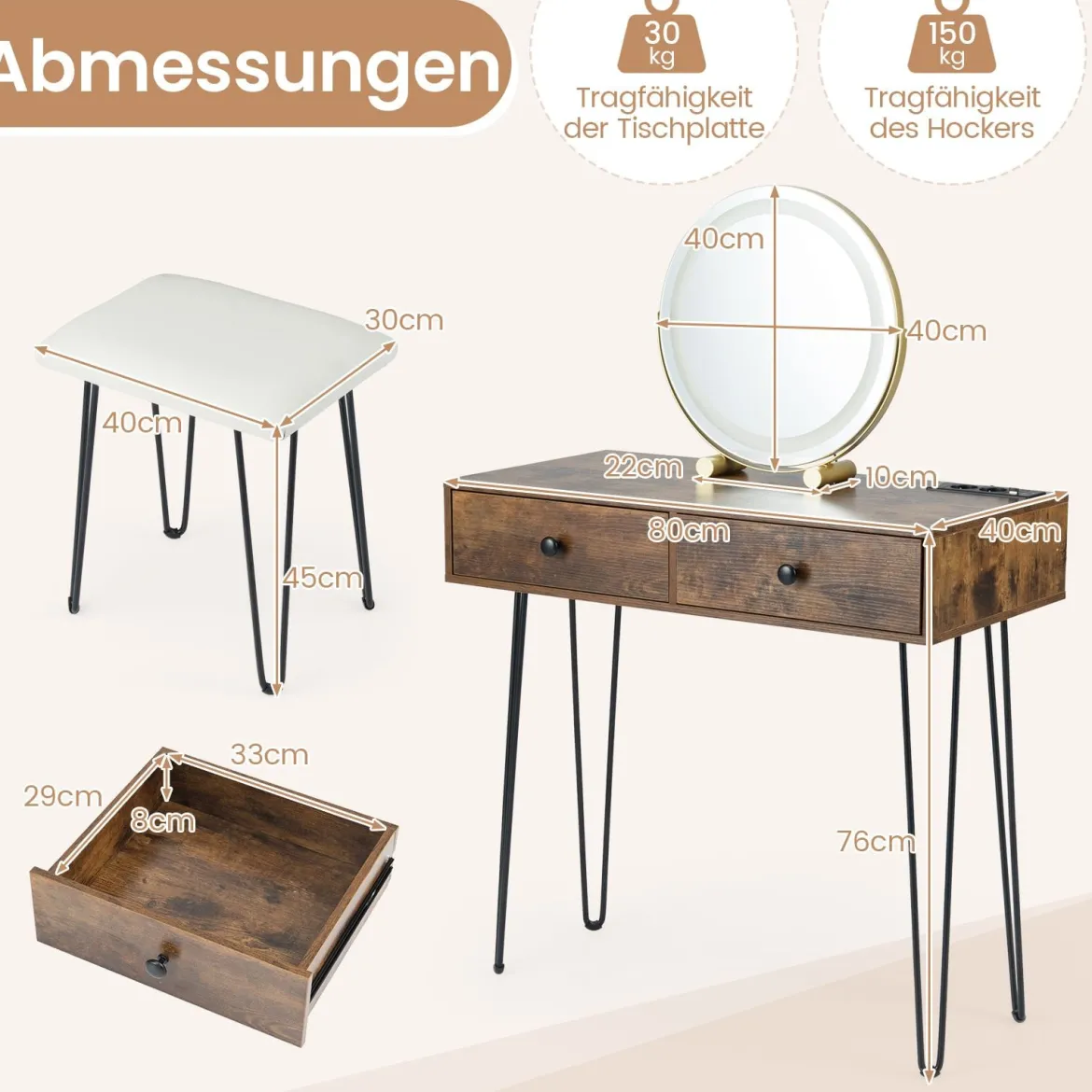 Schminktisch mit Spiegel & Beleuchtung & Ladestation & Hocker Frisiertisch Kosmetiktisch Rustikales Braun