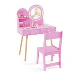 Schminktisch-Set für Kinder mit beleuchtetem Spiegel Kosmetiktisch und Stuhl-Set mit Prinzessinnen-Motiv Rosa