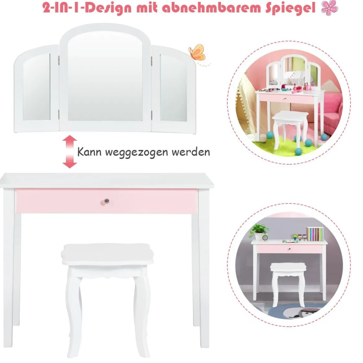 Schminktisch Set Kinder 2 in 1 mit Dreifach Klappbarem Spiegel & Schublade Weiß