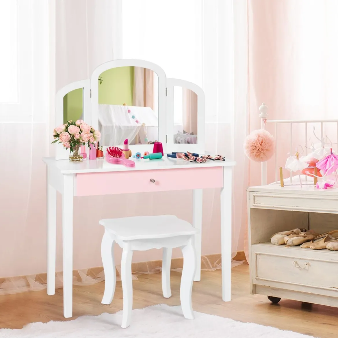 Schminktisch Set Kinder 2 in 1 mit Dreifach Klappbarem Spiegel & Schublade Weiß