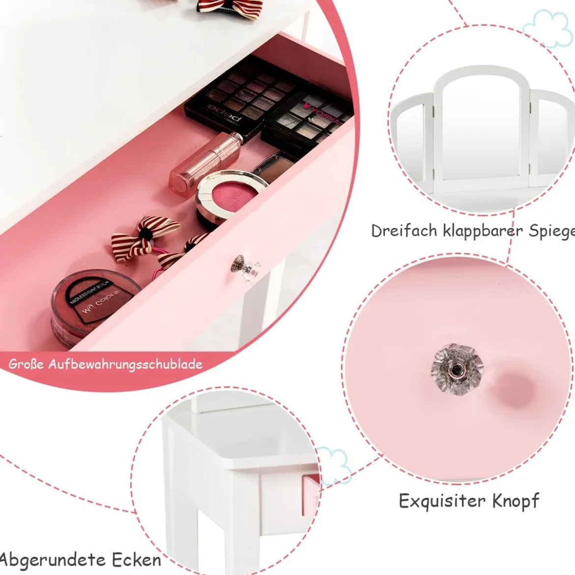 Schminktisch Set Kinder 2 in 1 mit Dreifach Klappbarem Spiegel & Schublade Weiß