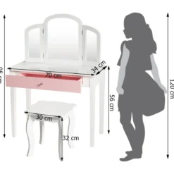 Schminktisch Set Kinder 2 in 1 mit Dreifach Klappbarem Spiegel & Schublade Weiß