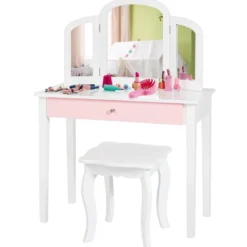 Schminktisch Set Kinder 2 in 1 mit Dreifach Klappbarem Spiegel & Schublade Weiß