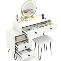 Schminktisch Set mit Hocker & Beleuchtung & Steckdose & Drehbarer Spiegel Kosmetiktisch
