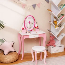 Schminktisch-Set mit Hocker für Kinder Frisierkommode für Mädchen Weiß und Rosa