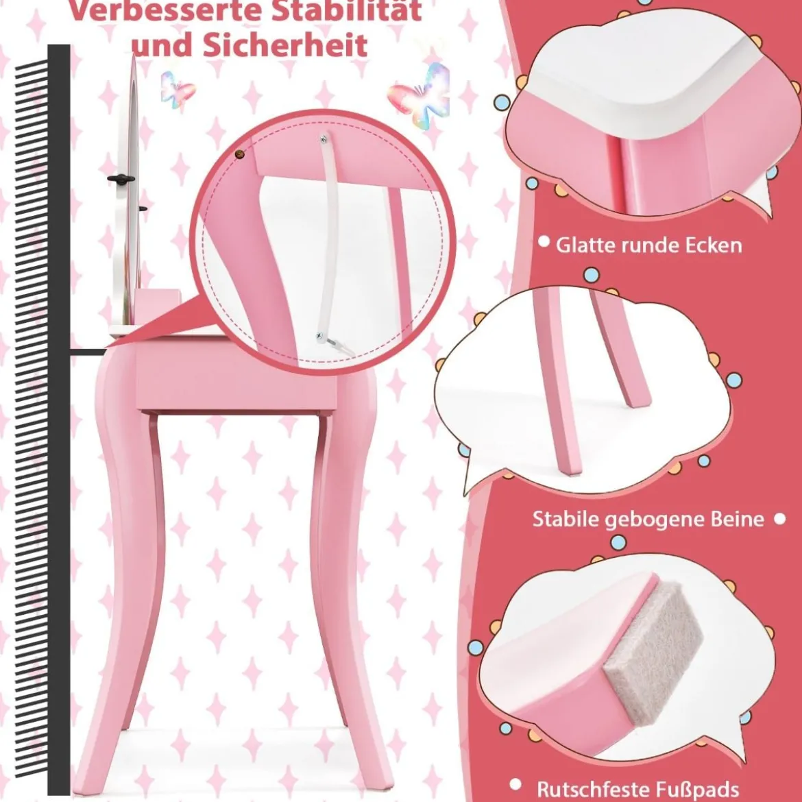 Schminktisch-Set mit Hocker für Kinder Frisierkommode für Mädchen Weiß und Rosa