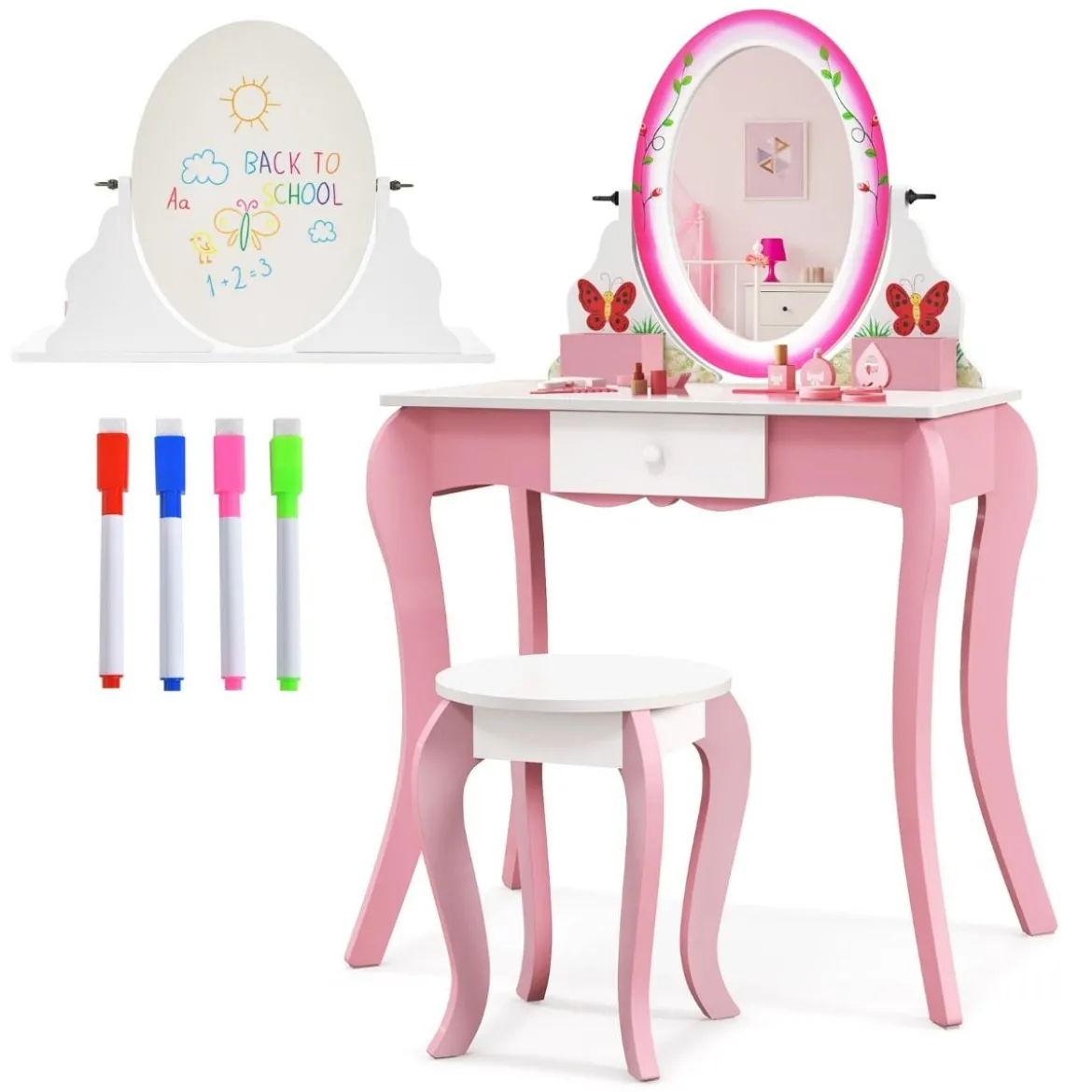 Schminktisch-Set mit Hocker für Kinder Frisierkommode für Mädchen Weiß und Rosa