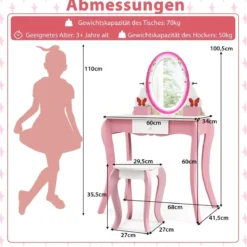 Schminktisch-Set mit Hocker für Kinder Frisierkommode für Mädchen Weiß und Rosa
