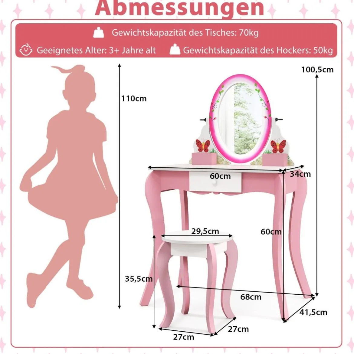 Schminktisch-Set mit Hocker für Kinder Frisierkommode für Mädchen Weiß und Rosa