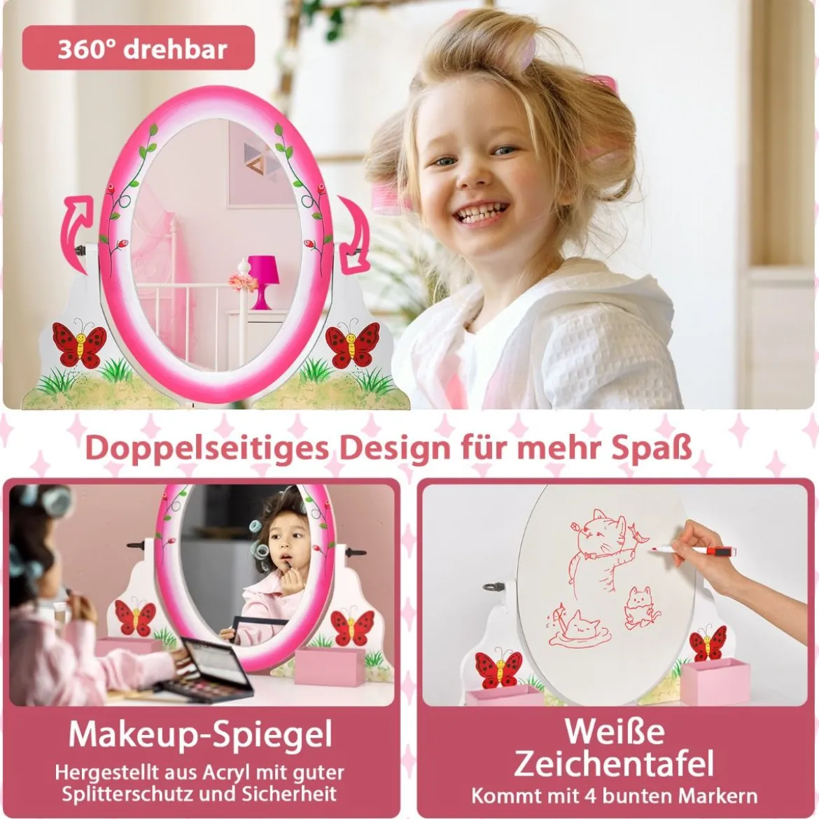 Schminktisch-Set mit Hocker für Kinder Frisierkommode für Mädchen Weiß und Rosa