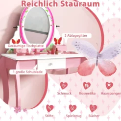 Schminktisch-Set mit Hocker für Kinder Frisierkommode für Mädchen Weiß und Rosa