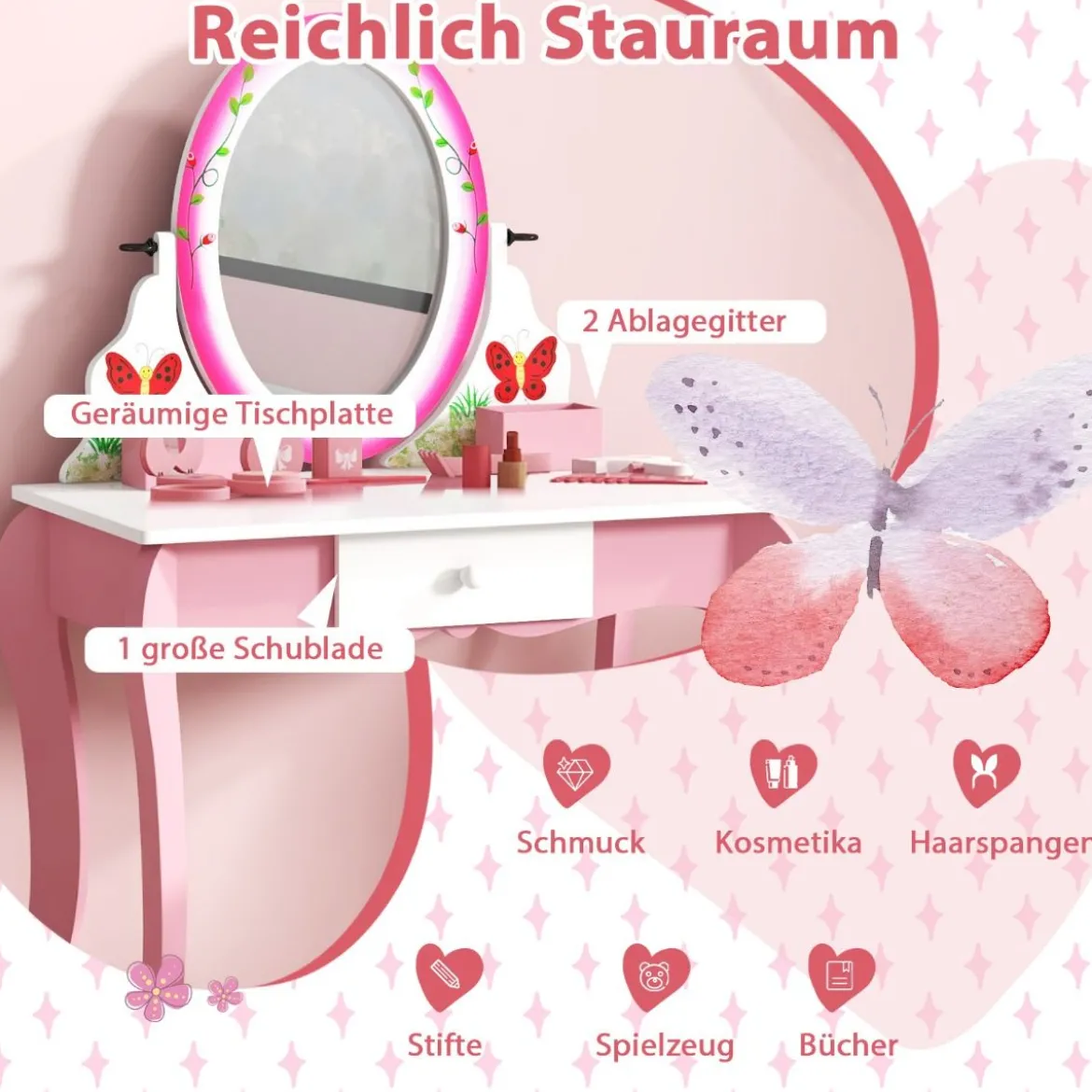 Schminktisch-Set mit Hocker für Kinder Frisierkommode für Mädchen Weiß und Rosa
