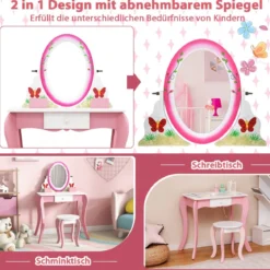 Schminktisch-Set mit Hocker für Kinder Frisierkommode für Mädchen Weiß und Rosa