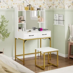 Schminktisch-Set mit Spiegel Schminktisch mit Ladestation Schubladen offenen Regalen und Spiegelschrank für Schlafzimmer Weiß