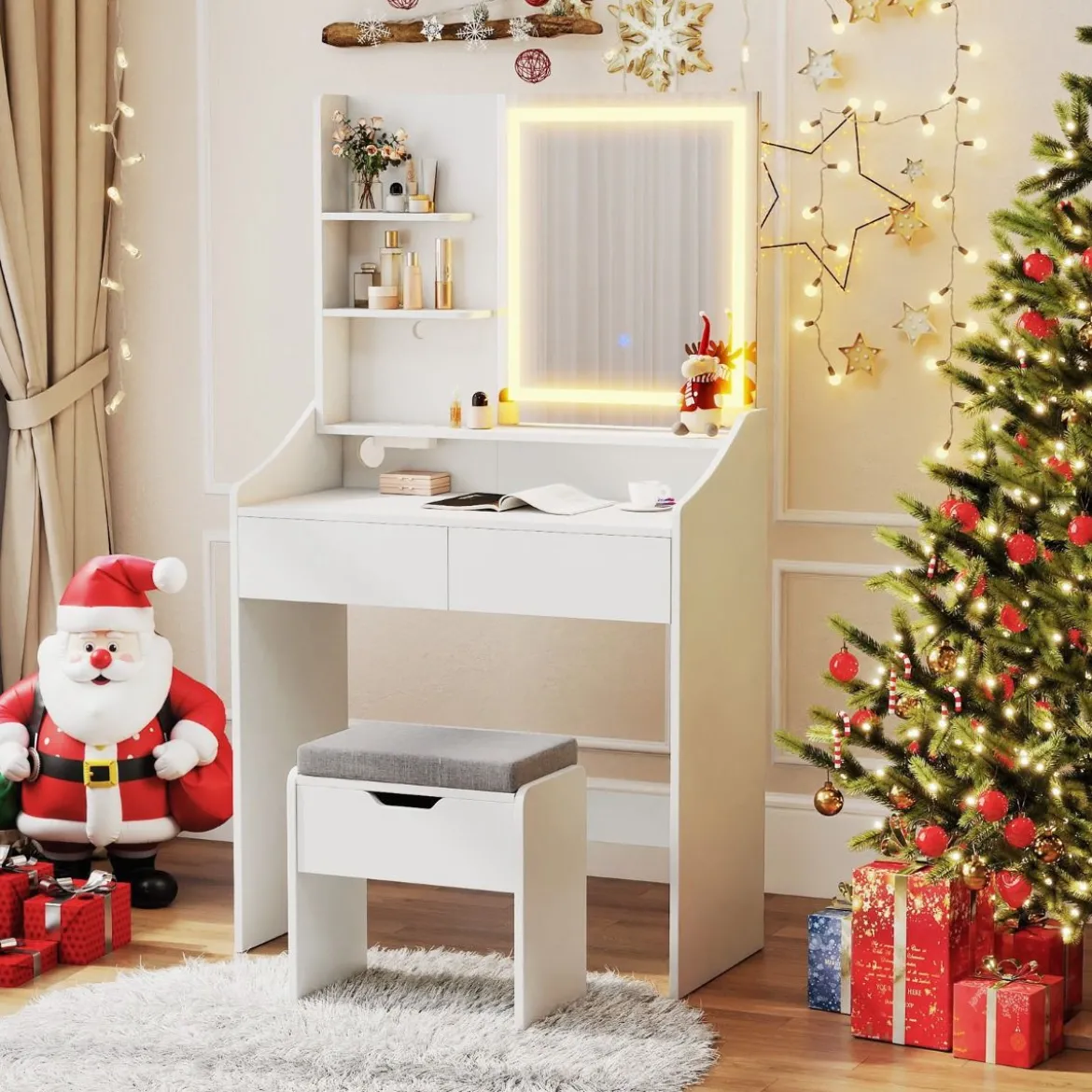 Schminktisch-Set mit Spiegel & LED-Beleuchtung & Aufbewahrungshocker Make-up-Tisch Weiß