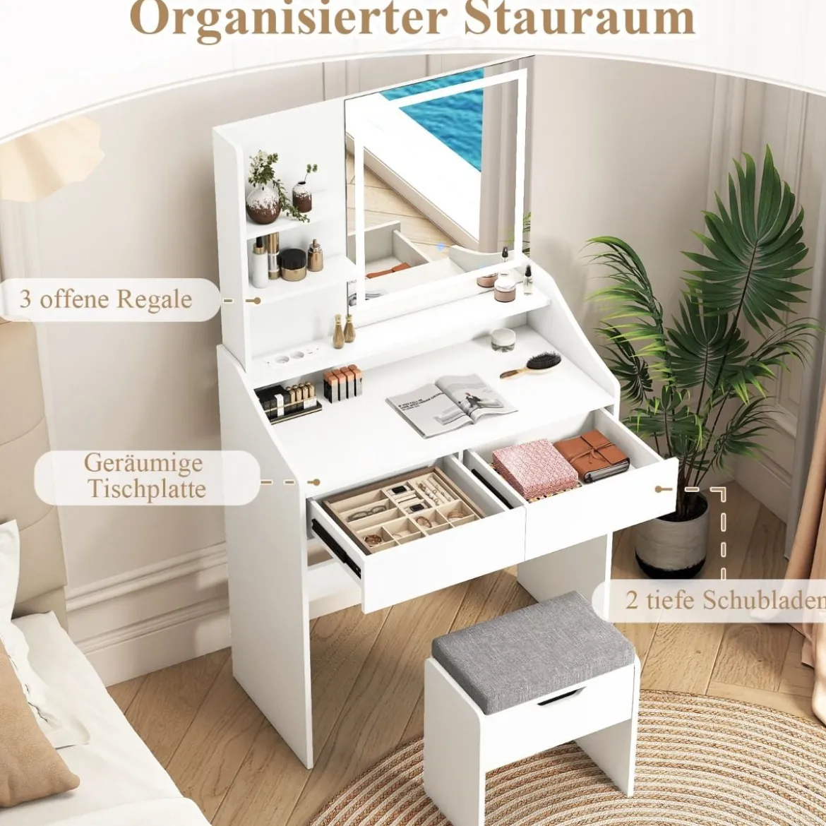 Schminktisch-Set mit Spiegel & LED-Beleuchtung & Aufbewahrungshocker Make-up-Tisch Weiß