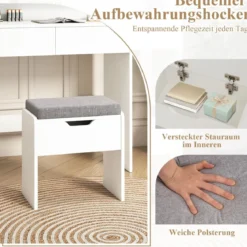 Schminktisch-Set mit Spiegel & LED-Beleuchtung & Aufbewahrungshocker Make-up-Tisch Weiß