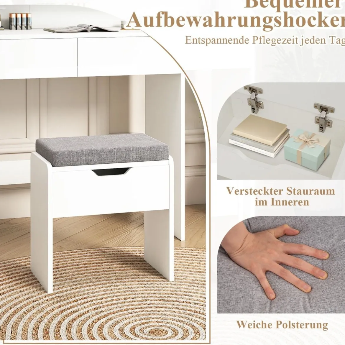 Schminktisch-Set mit Spiegel & LED-Beleuchtung & Aufbewahrungshocker Make-up-Tisch Weiß