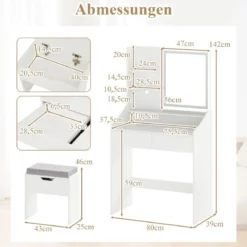 Schminktisch-Set mit Spiegel & LED-Beleuchtung & Aufbewahrungshocker Make-up-Tisch Weiß