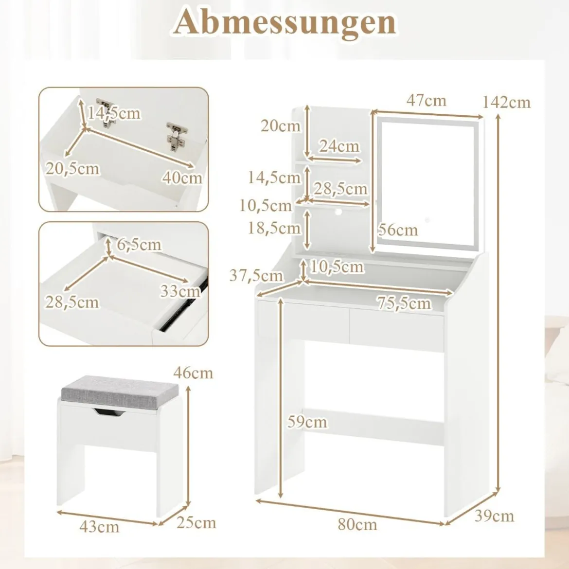 Schminktisch-Set mit Spiegel & LED-Beleuchtung & Aufbewahrungshocker Make-up-Tisch Weiß