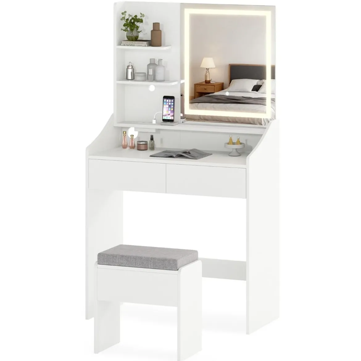 Schminktisch-Set mit Spiegel & LED-Beleuchtung & Aufbewahrungshocker Make-up-Tisch Weiß