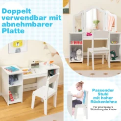 Schminktisch- & Stuhl-Set für Kinder 2-in-1-Prinzessinnen-Schminkset Weiß