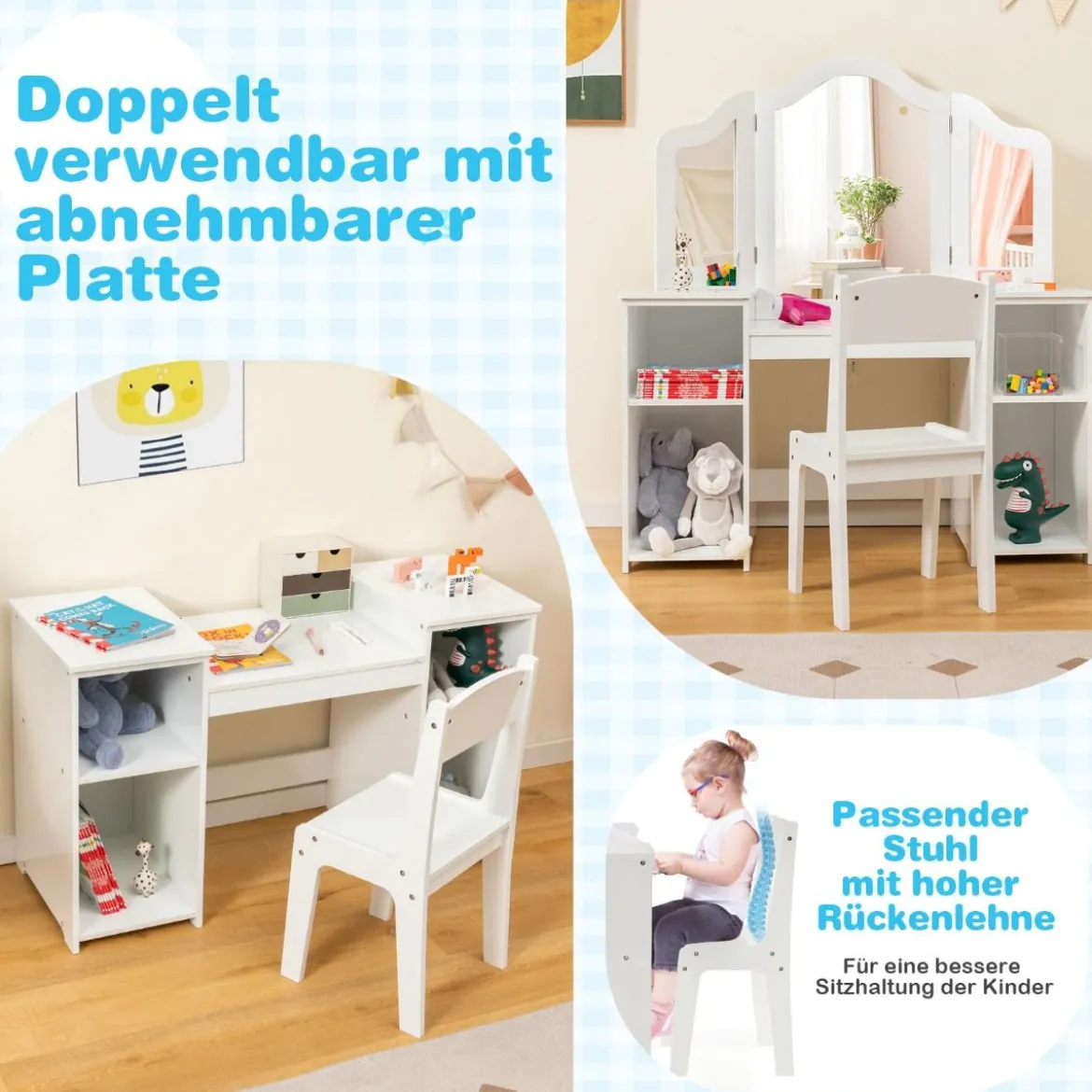 Schminktisch- & Stuhl-Set für Kinder 2-in-1-Prinzessinnen-Schminkset Weiß