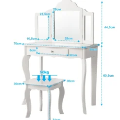Schminktisch- und Hocker-Set für Kinder Frisiertisch mit Schublade Spiegel 70 x 34 x 103 cm Weiß
