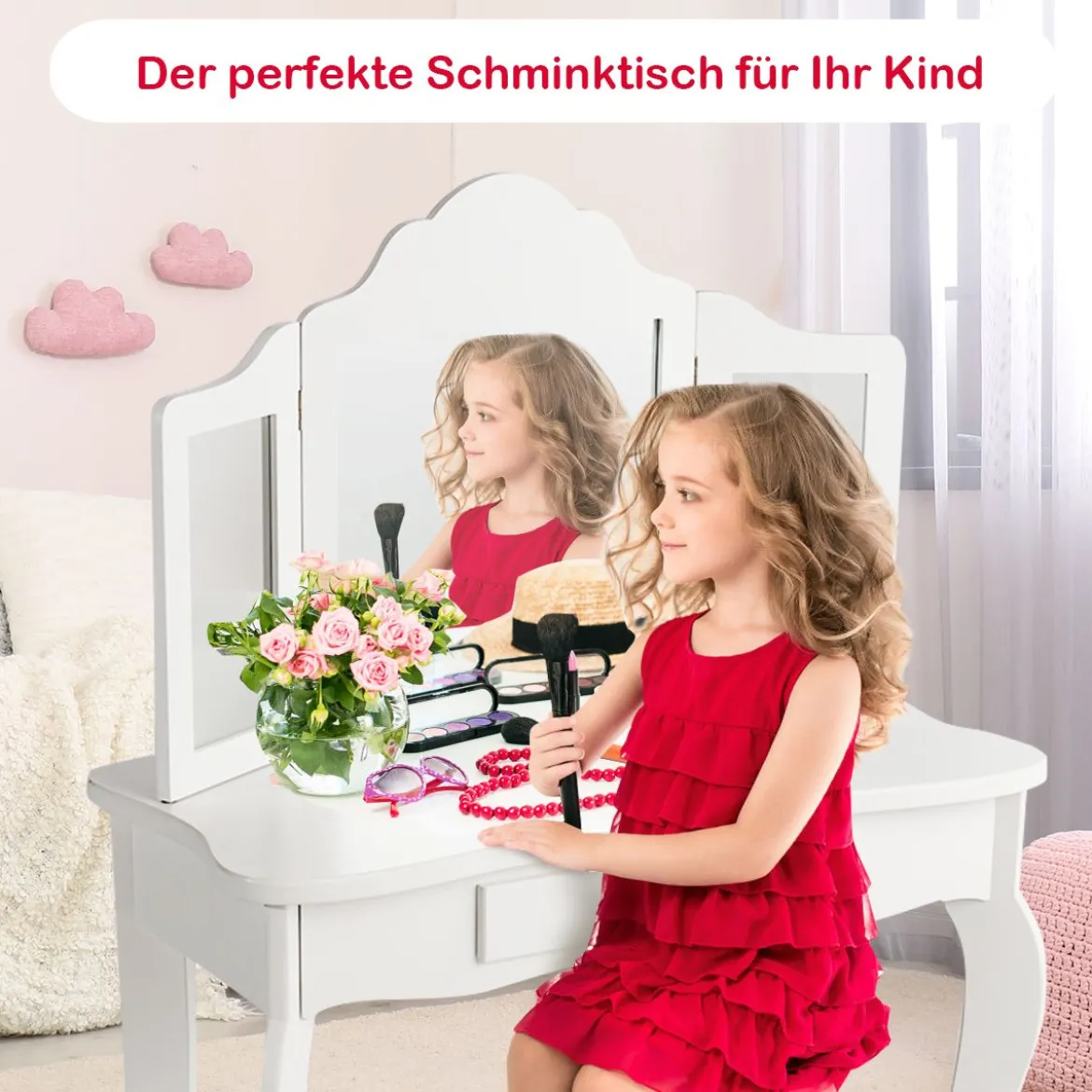 Schminktisch- und Hocker-Set für Kinder Frisiertisch mit Schublade Spiegel 70 x 34 x 103 cm Weiß