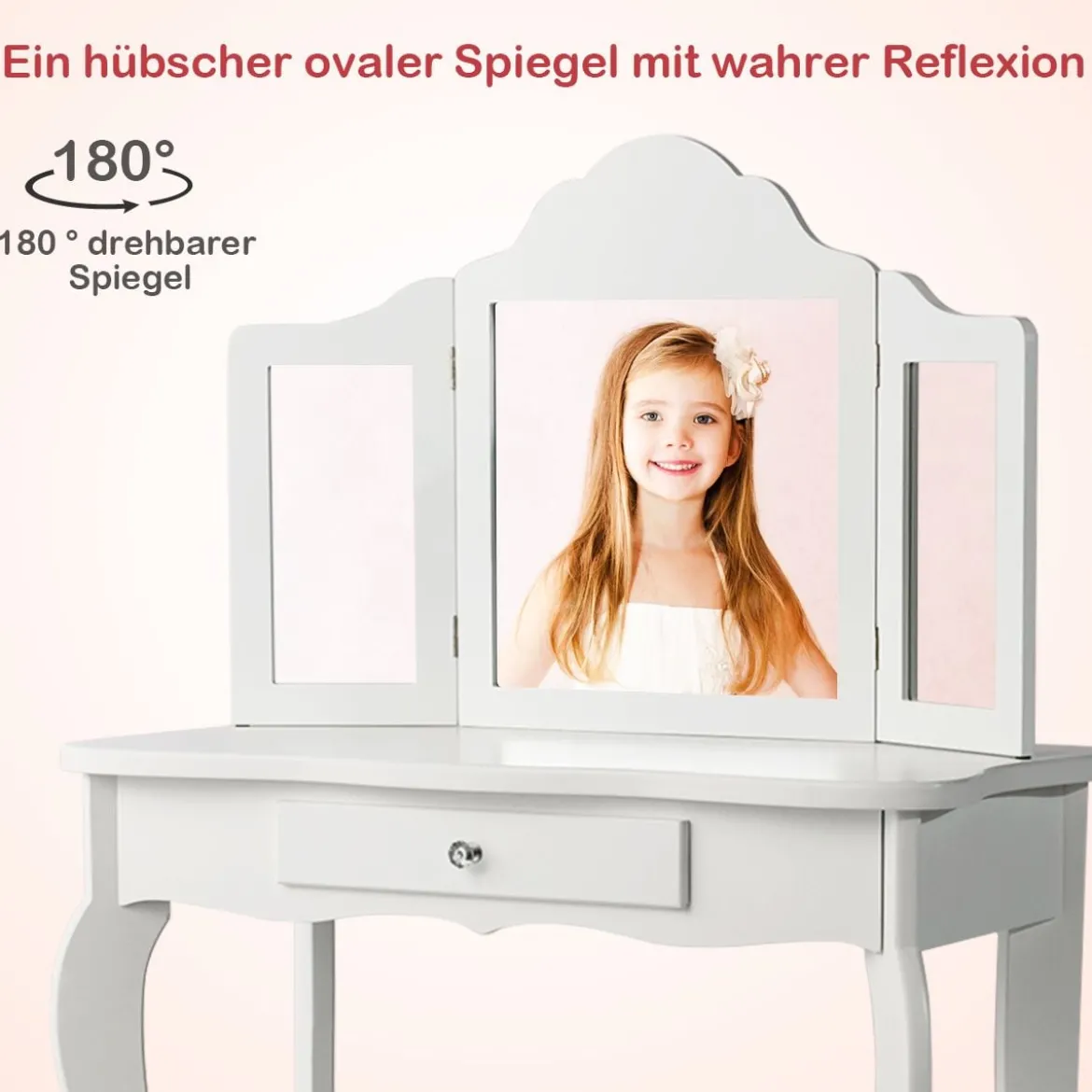 Schminktisch- und Hocker-Set für Kinder Frisiertisch mit Schublade Spiegel 70 x 34 x 103 cm Weiß
