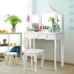 Schminktisch- und Hocker-Set für Kinder Frisiertisch mit Schublade Spiegel 70 x 34 x 103 cm Weiß