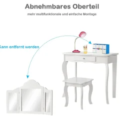 Schminktisch- und Hocker-Set für Kinder Frisiertisch mit Schublade Spiegel 70 x 34 x 103 cm Weiß
